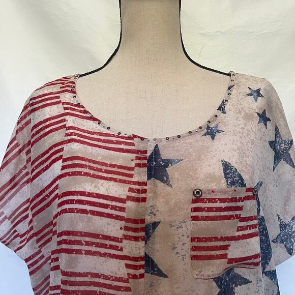 SUE WHO? Americana Womens Top Sz L Festival Stars Stripes Rhinestone Patchwork - Picture 2 of 13
